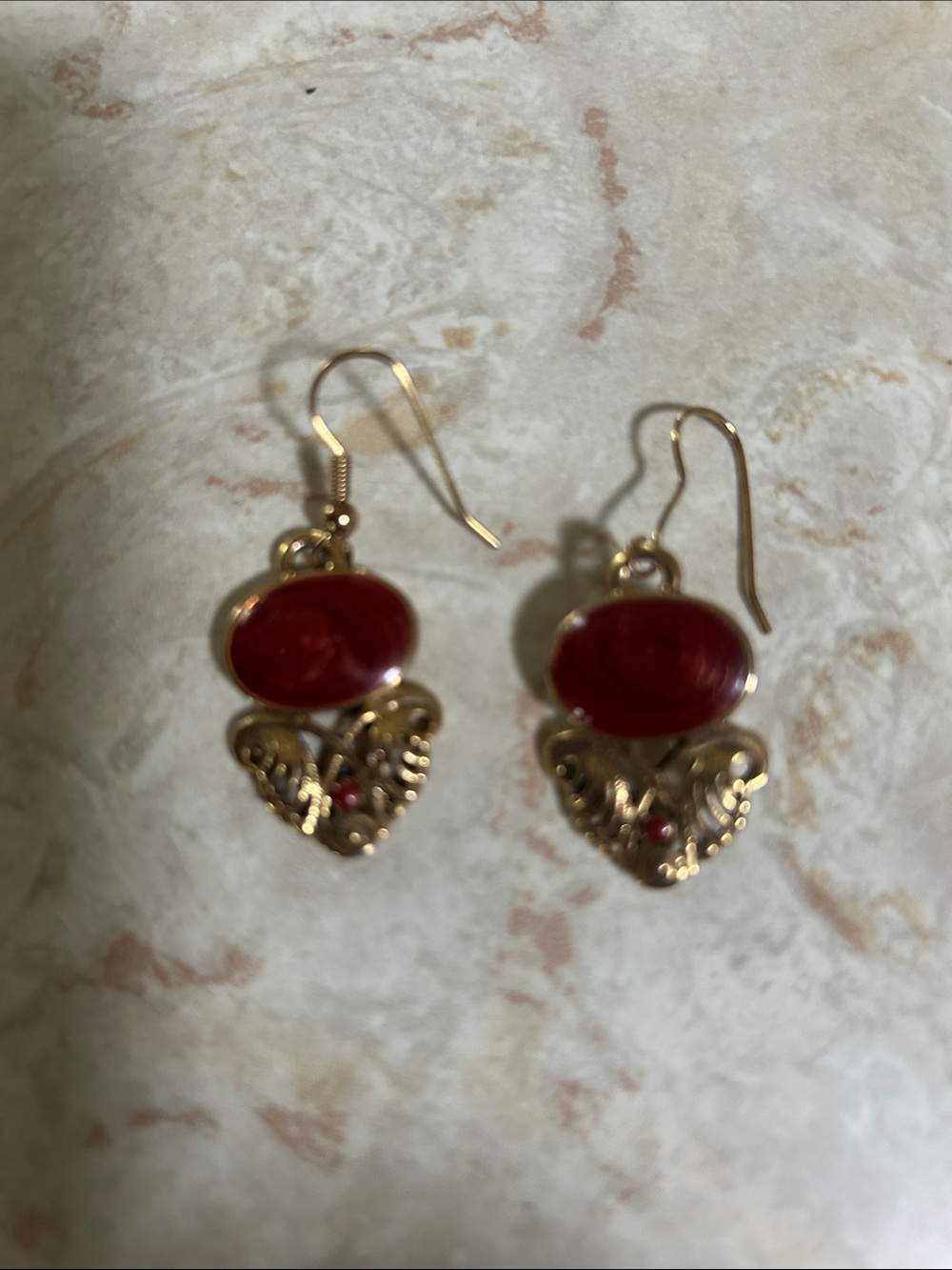 Gold-Tone Red Stone Heart Drop Earrings - Women Jewelry